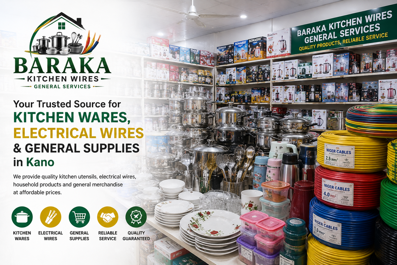 Display of kitchen wares and electrical wires at Baraka Kitchen Wires
